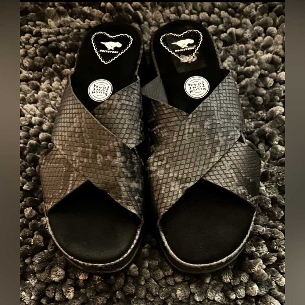 New Rocket Dog Black Platform Snakeskin PU Leather Slides/Sandals Size 9